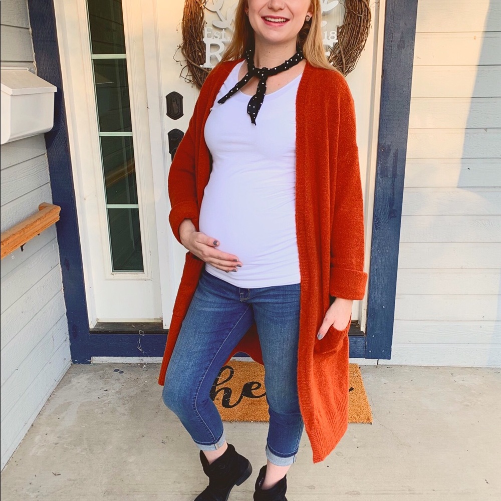 Rust orange long maternity cardigan with pockets
